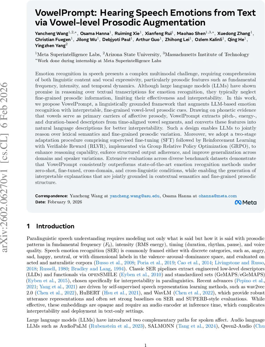 VowelPrompt: Hearing Speech Emotions from Text via Vowel-level Prosodic Augmentation