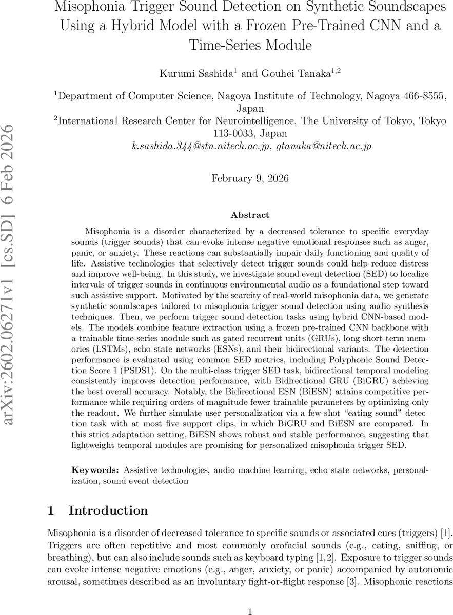 Misophonia Trigger Sound Detection on Synthetic Soundscapes Using a Hybrid Model with a Frozen Pre-Trained CNN and a Time-Series Module