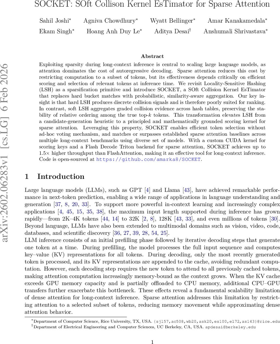 SOCKET: SOft Collison Kernel EsTimator for Sparse Attention