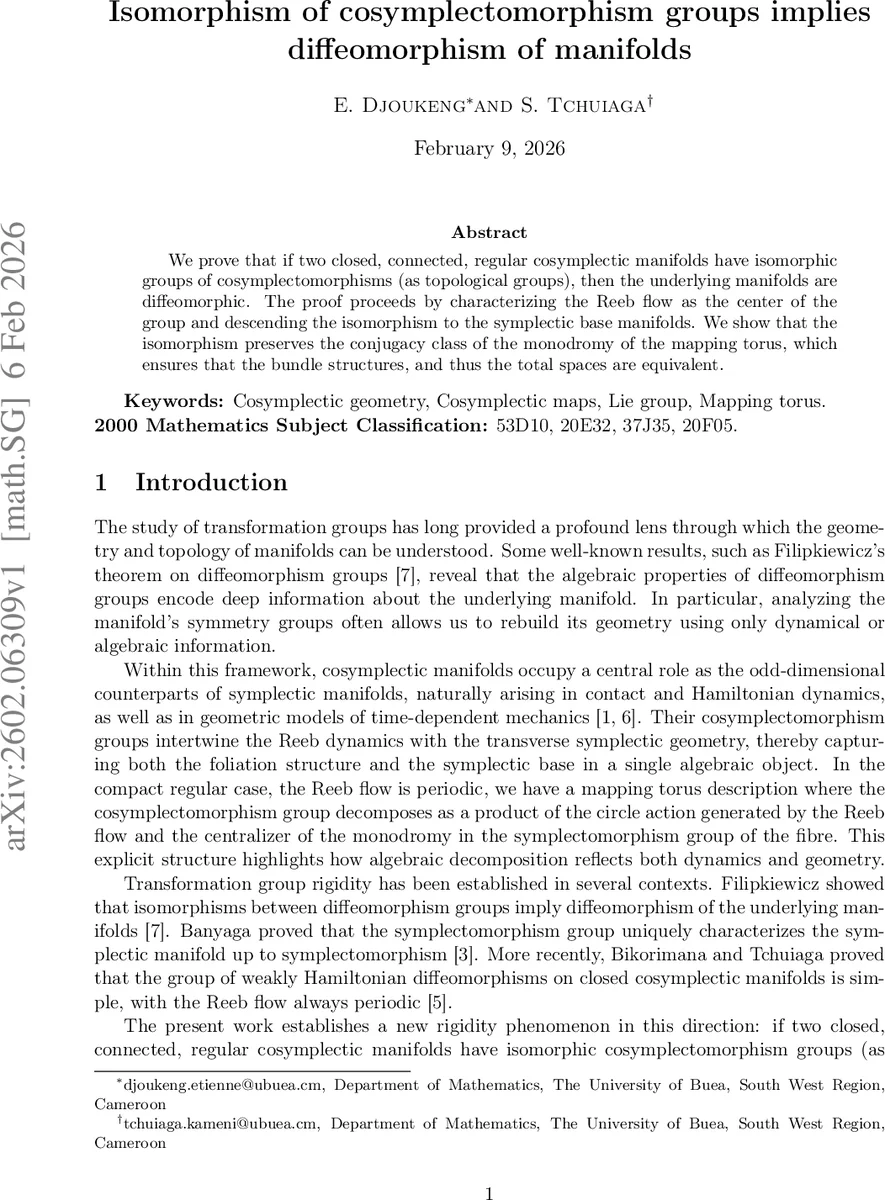 Isomorphism of cosymplectomorphism groups implies diffeomorphism of manifolds