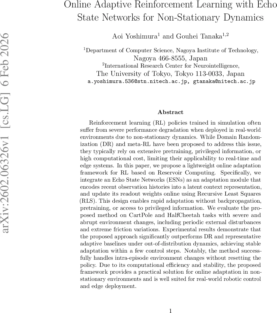 Online Adaptive Reinforcement Learning with Echo State Networks for Non-Stationary Dynamics