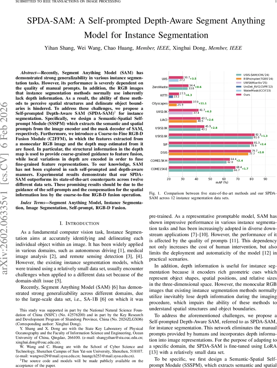 SPDA-SAM: A Self-prompted Depth-Aware Segment Anything Model for Instance Segmentation