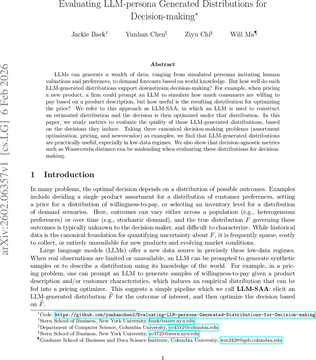 Evaluating LLM-persona Generated Distributions for Decision-making