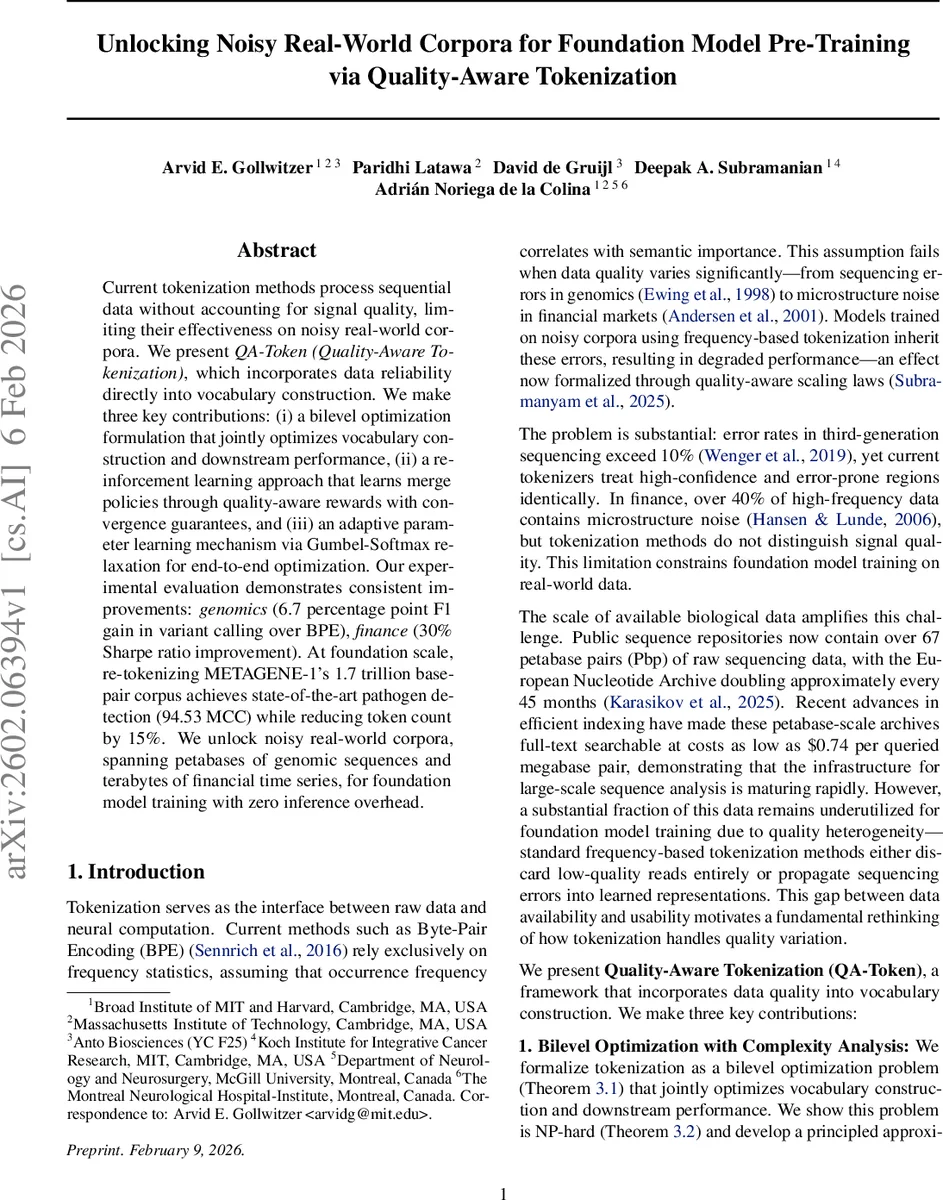 Unlocking Noisy Real-World Corpora for Foundation Model Pre-Training via Quality-Aware Tokenization