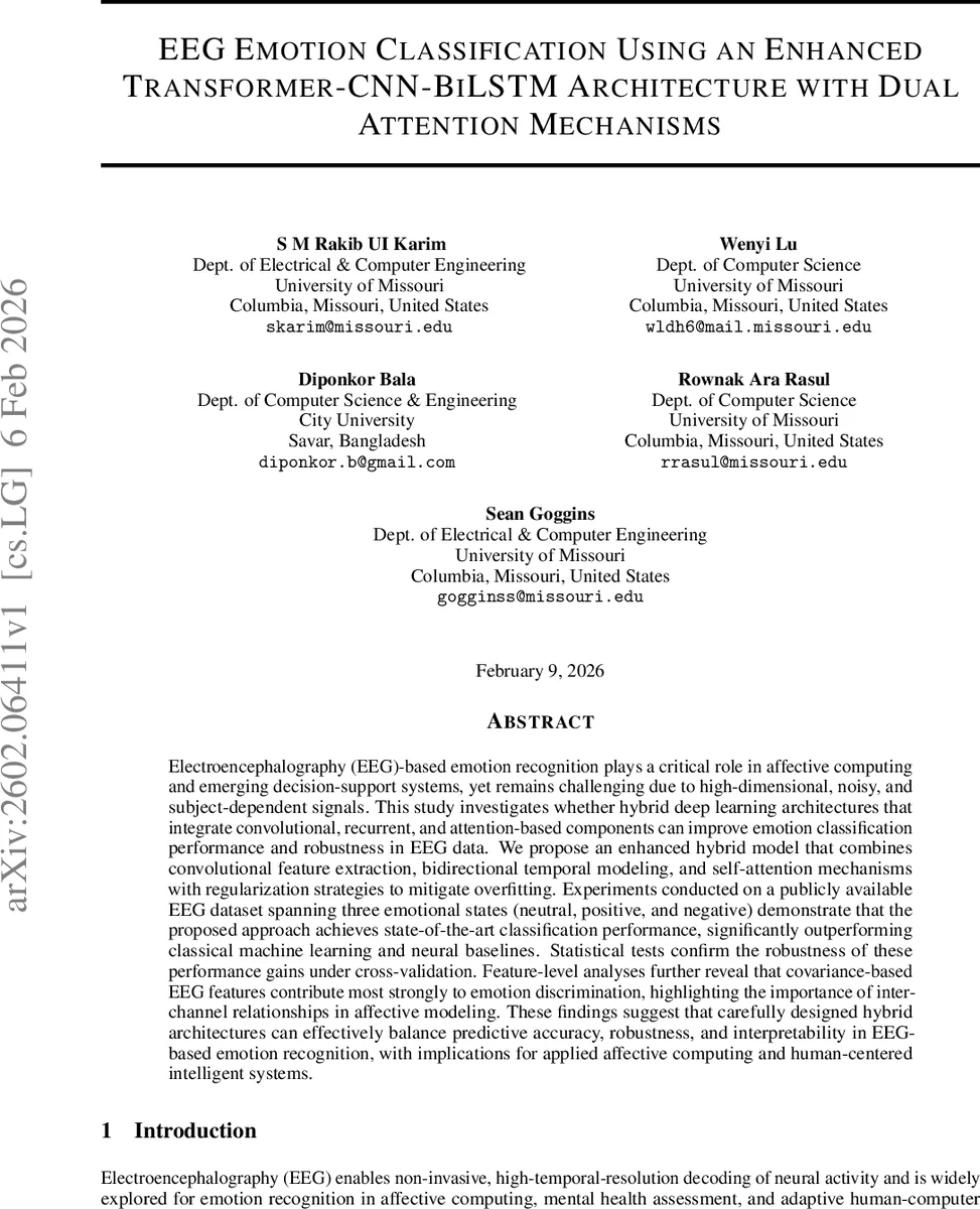 EEG Emotion Classification Using an Enhanced Transformer-CNN-BiLSTM Architecture with Dual Attention Mechanisms