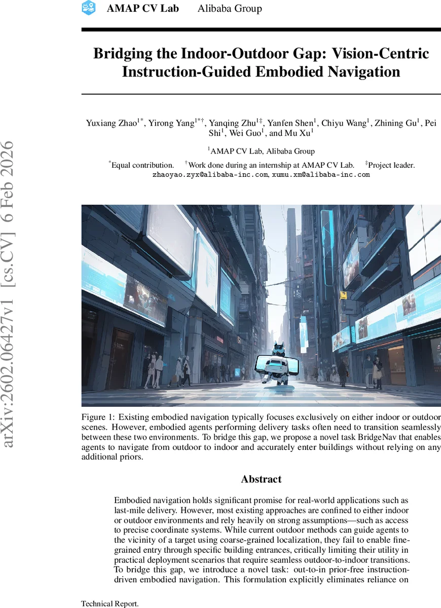 Bridging the Indoor-Outdoor Gap: Vision-Centric Instruction-Guided Embodied Navigation for the Last Meters