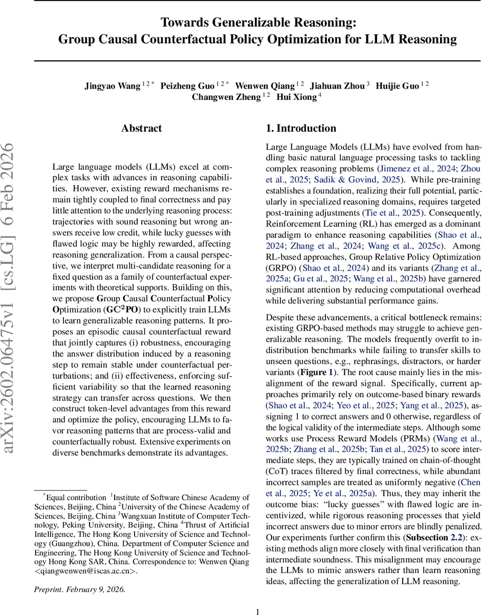 Towards Generalizable Reasoning: Group Causal Counterfactual Policy Optimization for LLM Reasoning