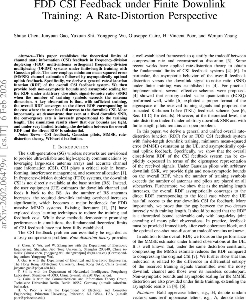 FDD CSI Feedback under Finite Downlink Training: A Rate-Distortion Perspective