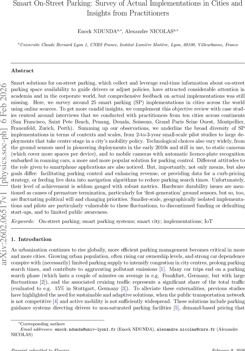 Smart On-Street Parking: Survey of Actual Implementations in Cities and Insights from Practitioners