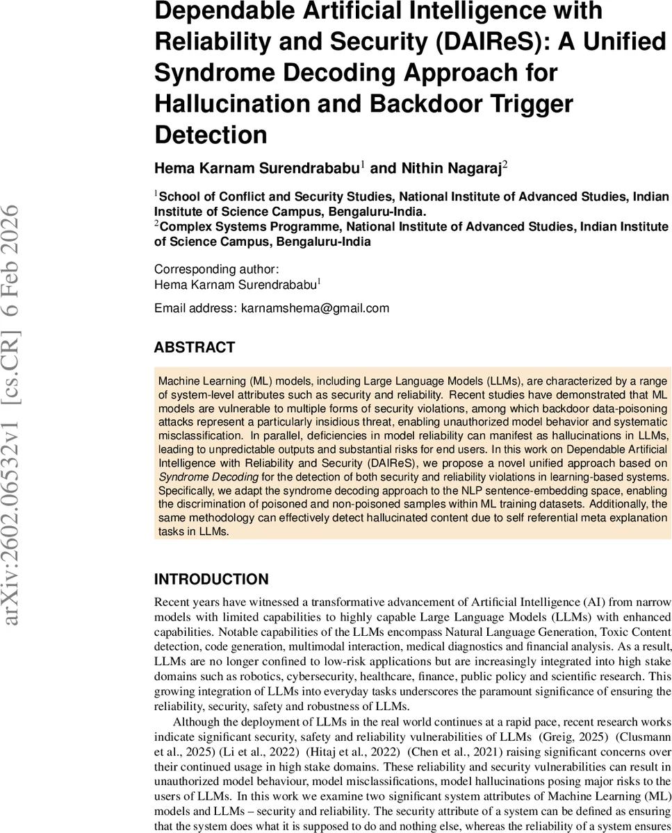 Dependable Artificial Intelligence with Reliability and Security (DAIReS): A Unified Syndrome Decoding Approach for Hallucination and Backdoor Trigger Detection