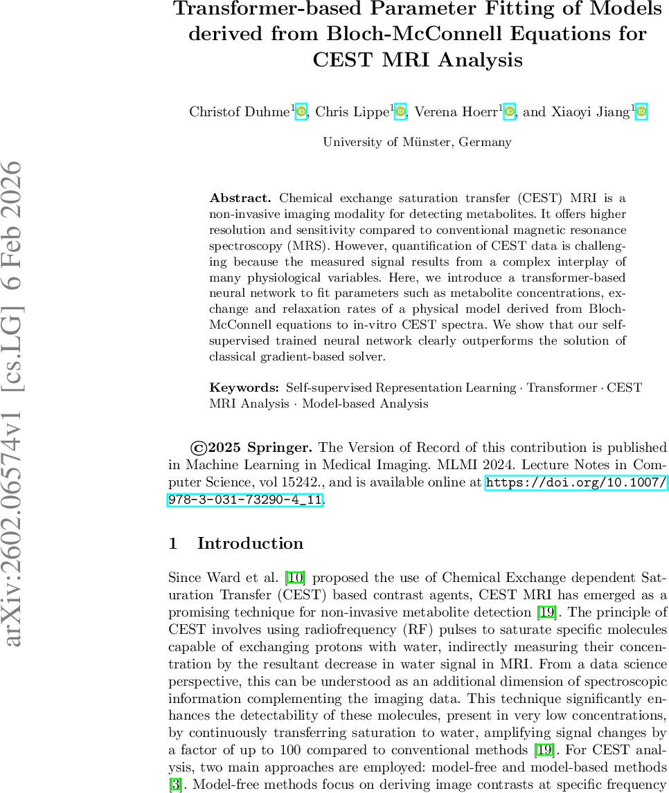 Transformer-based Parameter Fitting of Models derived from Bloch-McConnell Equations for CEST MRI Analysis