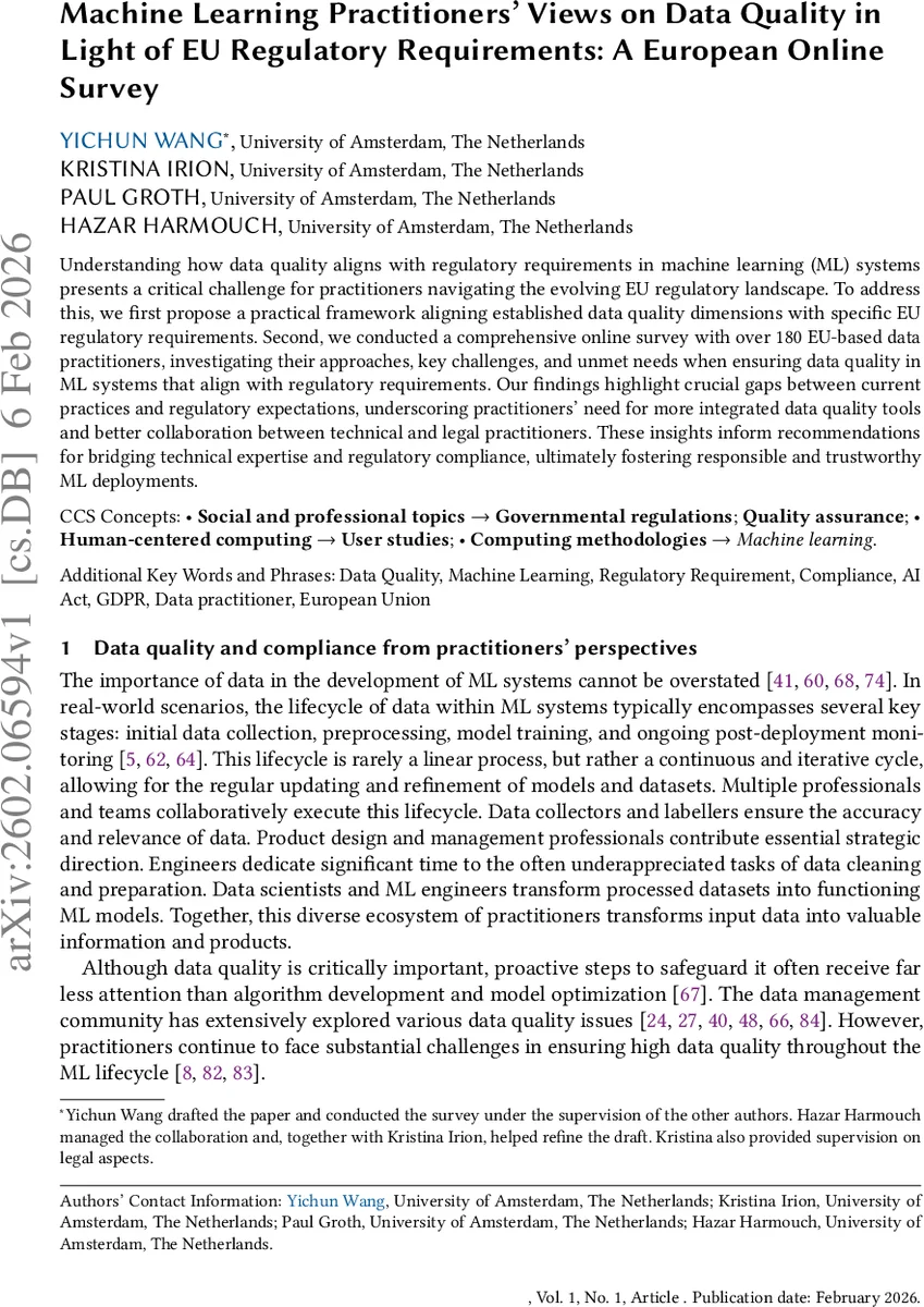 Machine Learning Practitioners' Views on Data Quality in Light of EU Regulatory Requirements: A European Online Survey