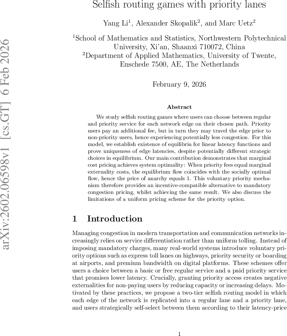 Selfish routing games with priority lanes