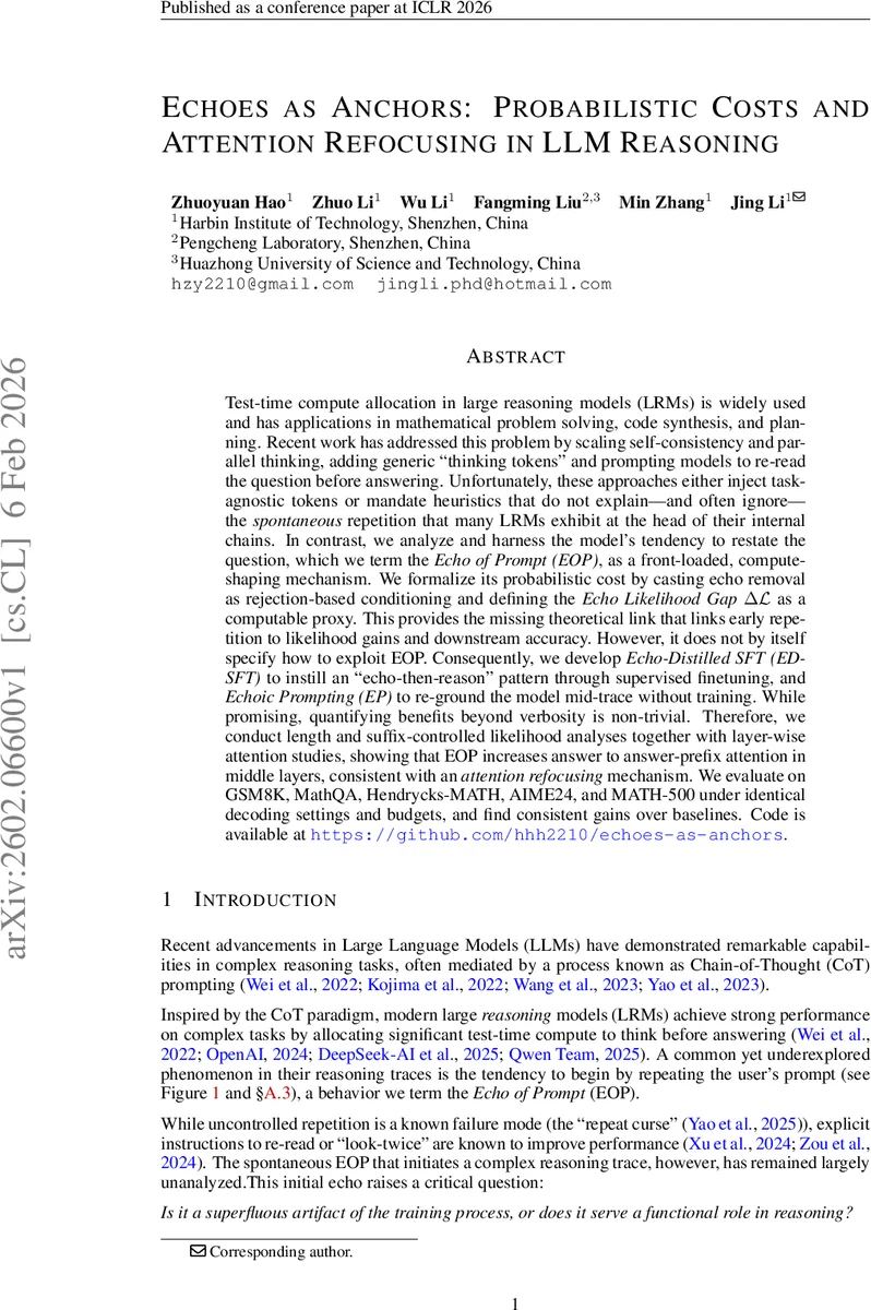 Echoes as Anchors: Probabilistic Costs and Attention Refocusing in LLM Reasoning