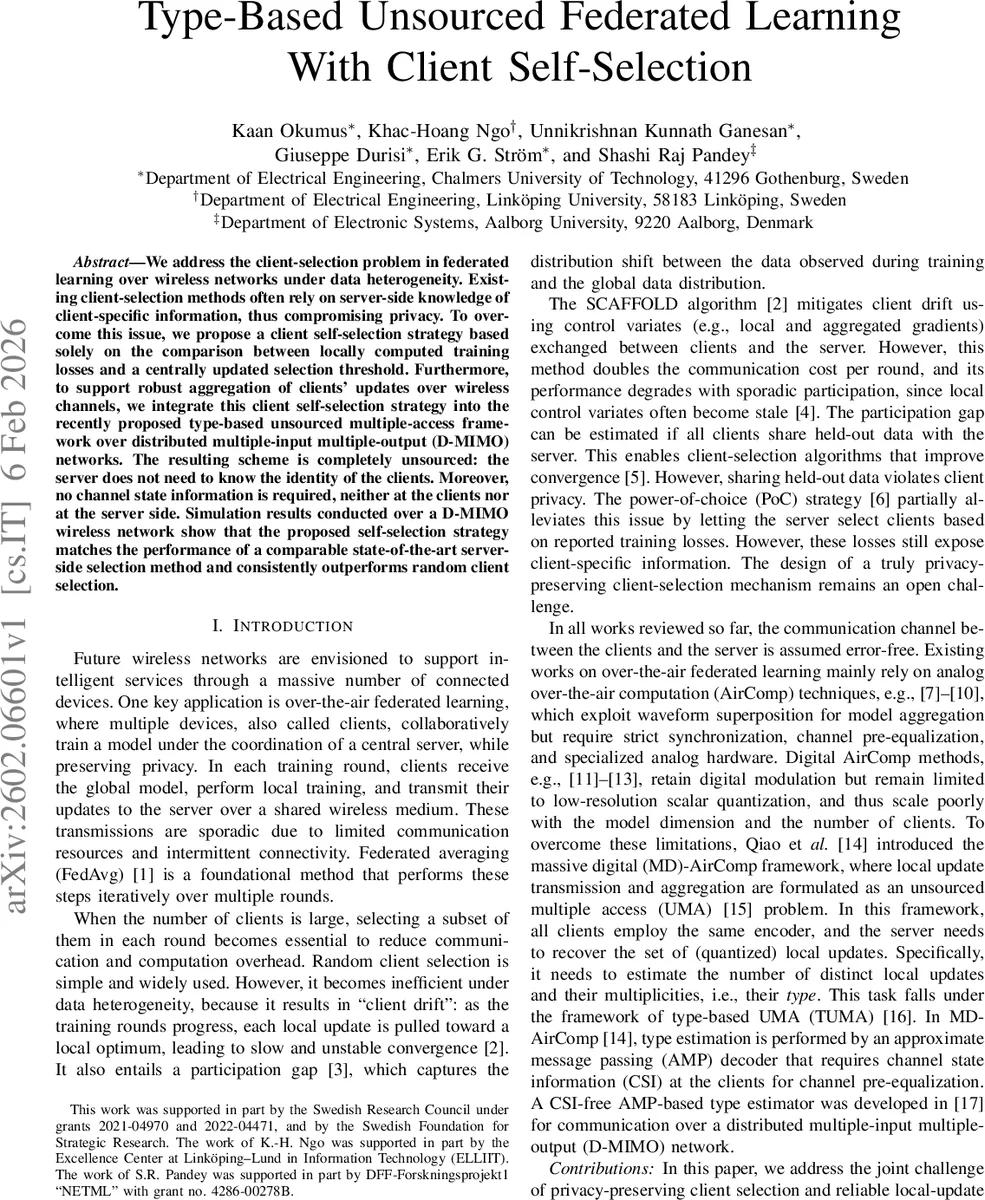 Type-Based Unsourced Federated Learning With Client Self-Selection