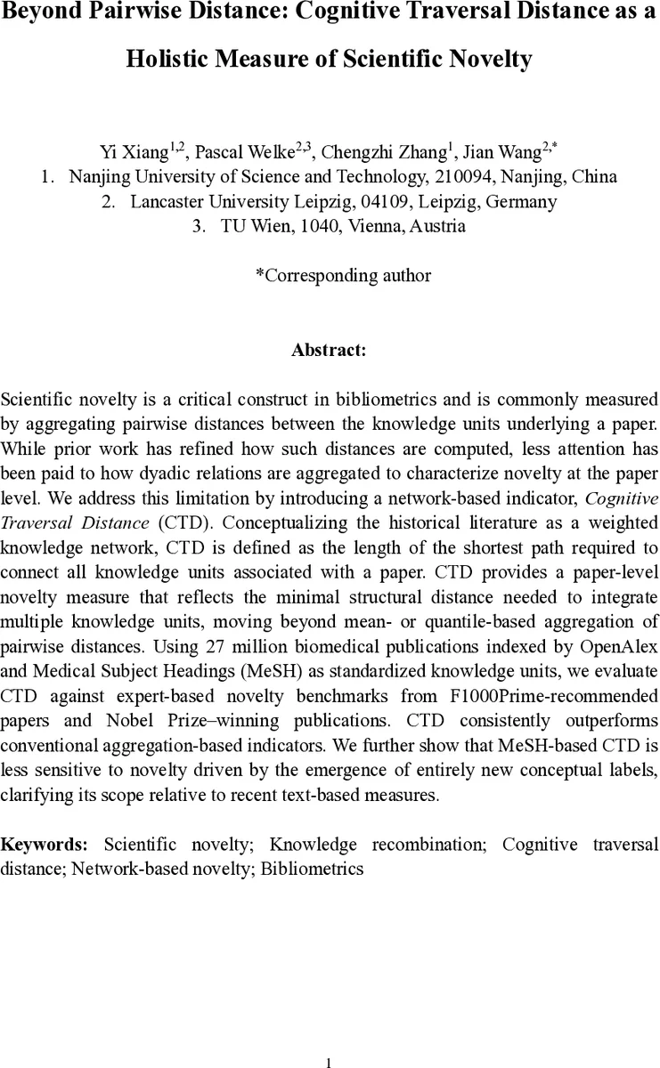 Beyond Pairwise Distance: Cognitive Traversal Distance as a Holistic Measure of Scientific Novelty