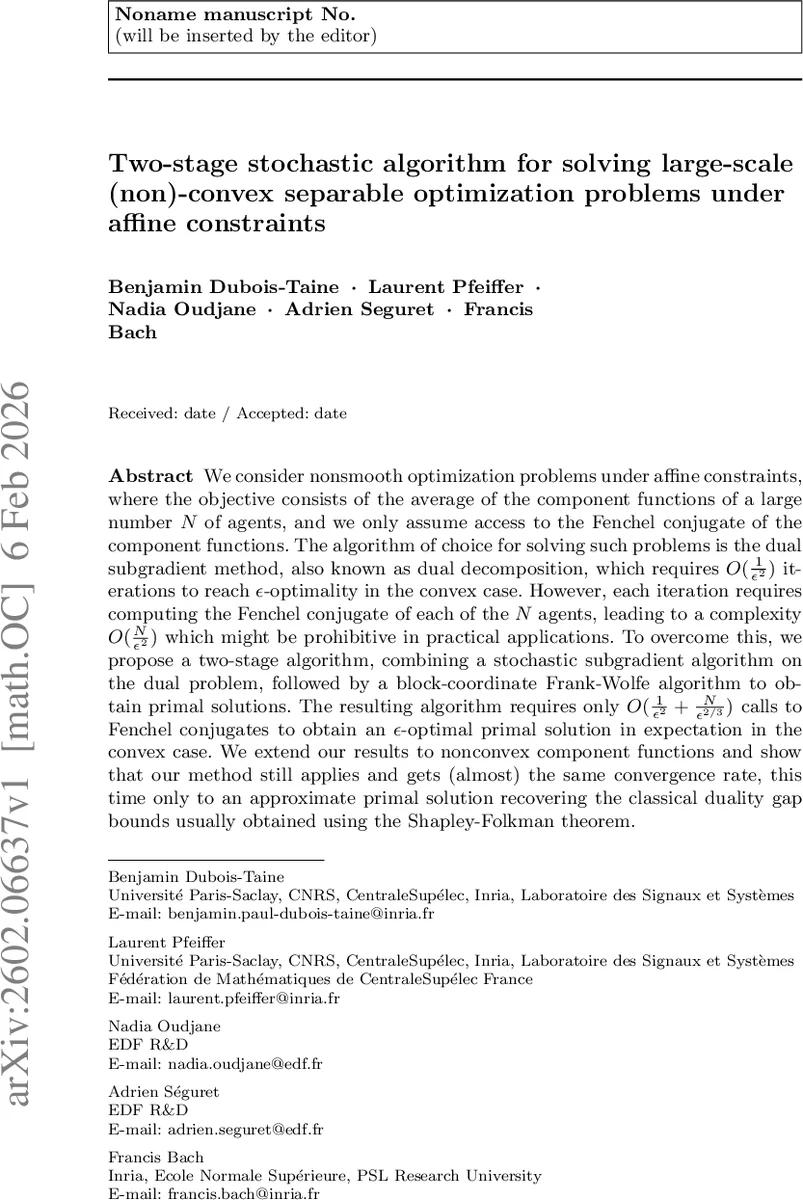 Two-stage stochastic algorithm for solving large-scale (non)-convex separable optimization problems under affine constraints