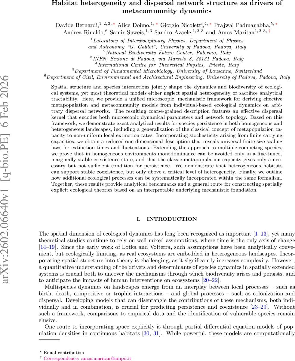 Habitat heterogeneity and dispersal network structure as drivers of metacommunity dynamics