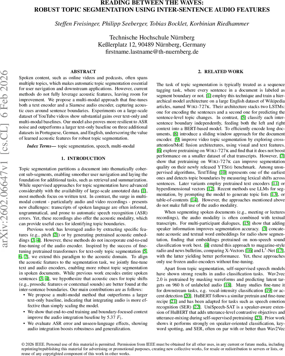 Reading Between the Waves: Robust Topic Segmentation Using Inter-Sentence Audio Features