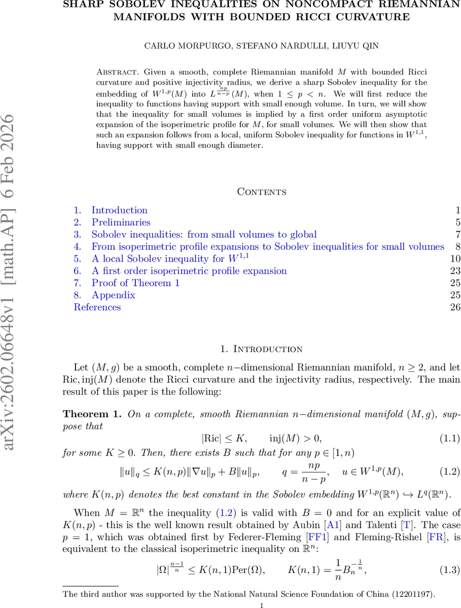 Sharp Sobolev inequalities on noncompact Riemannian manifolds with bounded Ricci curvature