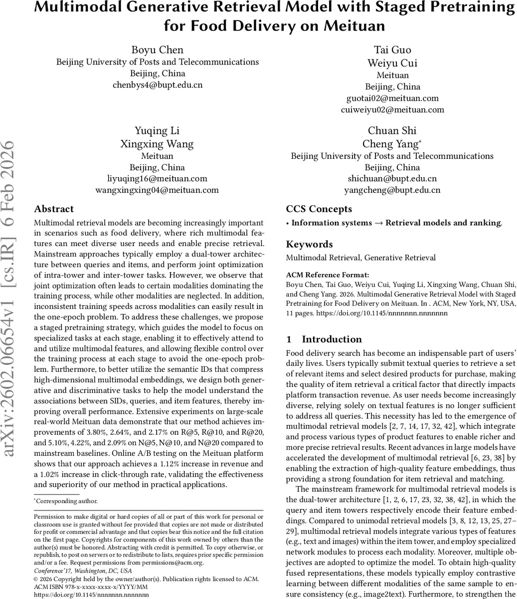 Multimodal Generative Retrieval Model with Staged Pretraining for Food Delivery on Meituan