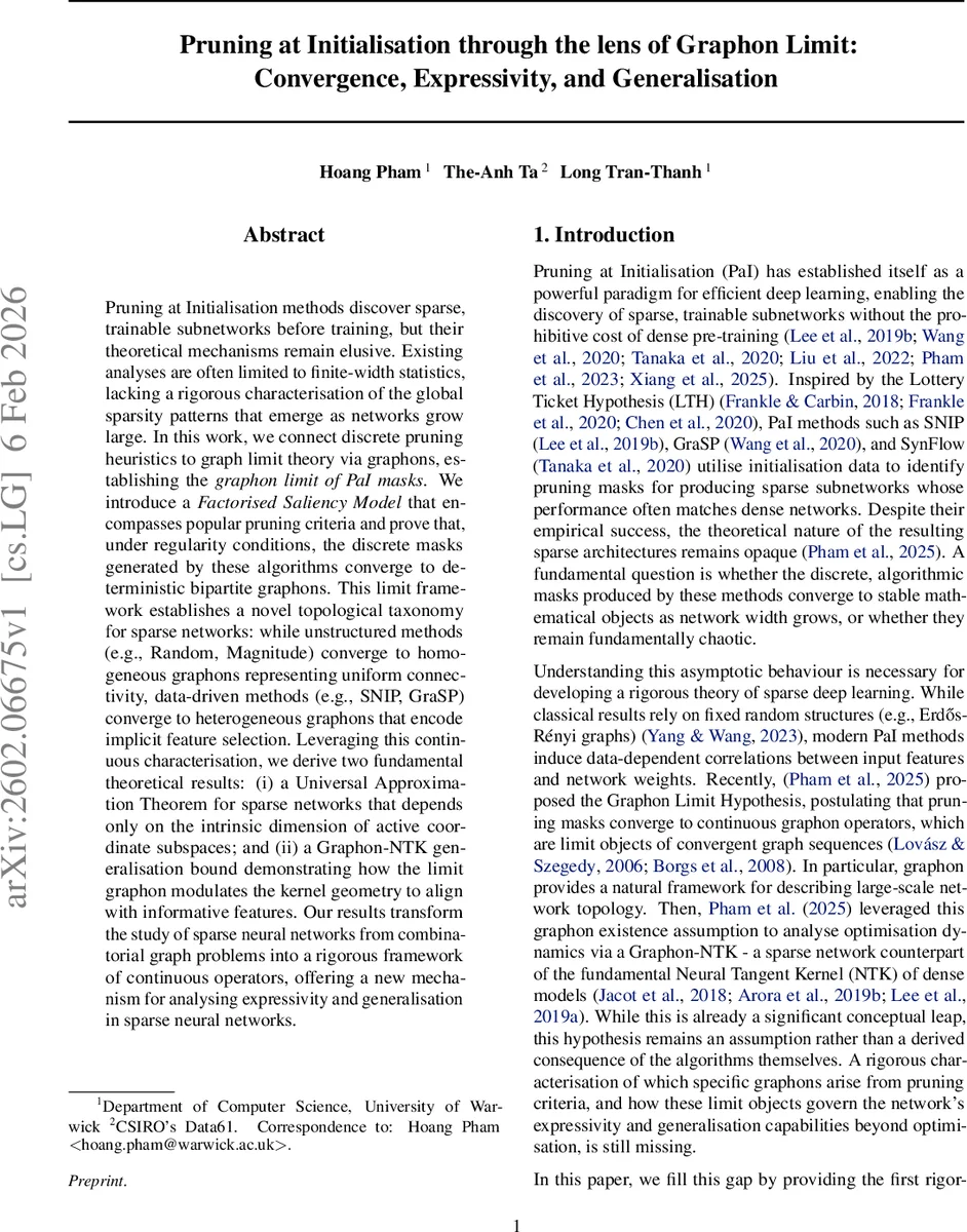 Pruning at Initialisation through the lens of Graphon Limit: Convergence, Expressivity, and Generalisation