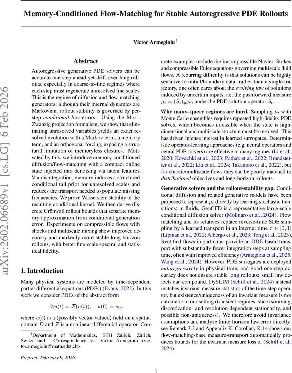 Memory-Conditioned Flow-Matching for Stable Autoregressive PDE Rollouts