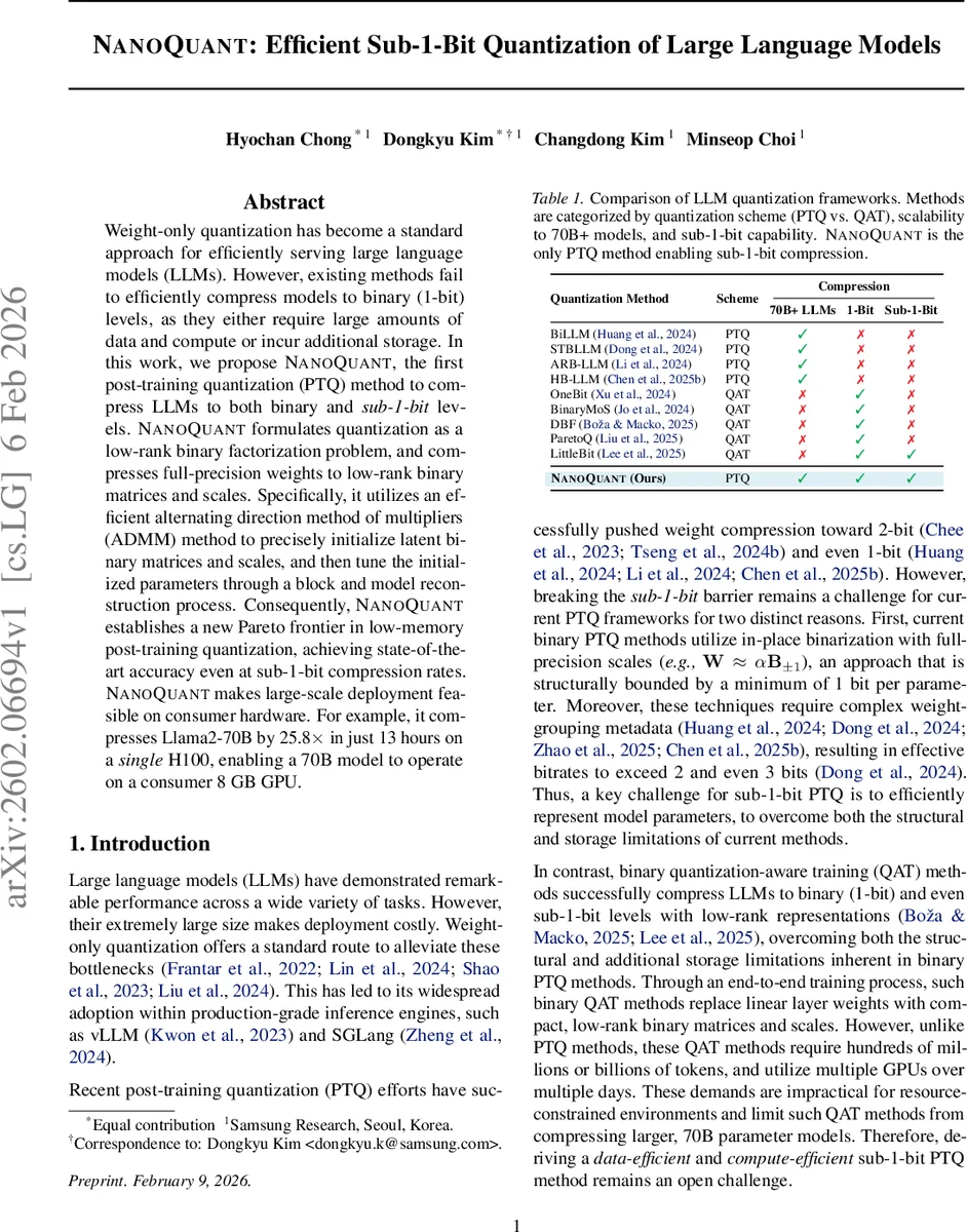 NanoQuant: Efficient Sub-1-Bit Quantization of Large Language Models