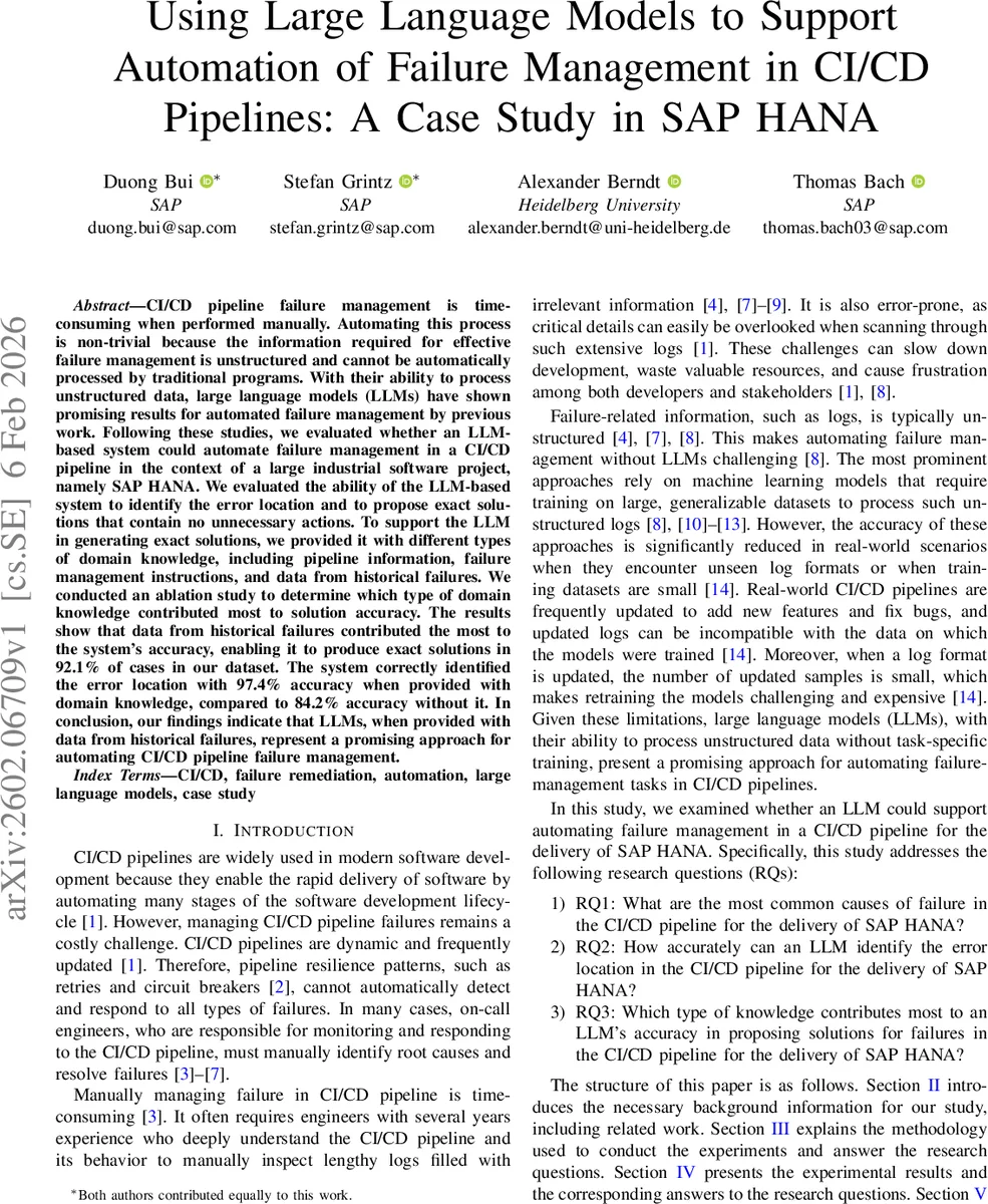 Using Large Language Models to Support Automation of Failure Management in CI/CD Pipelines: A Case Study in SAP HANA