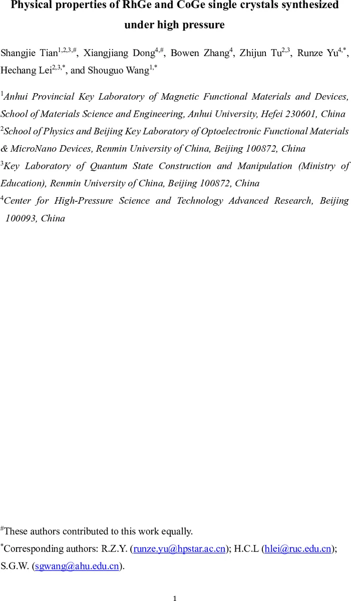 Physical properties of RhGe and CoGe single crystals synthesized under high pressure
