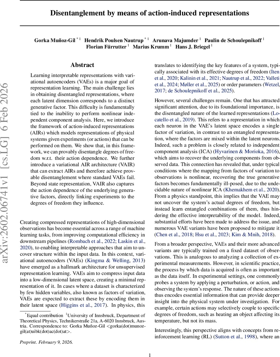 Disentanglement by means of action-induced representations