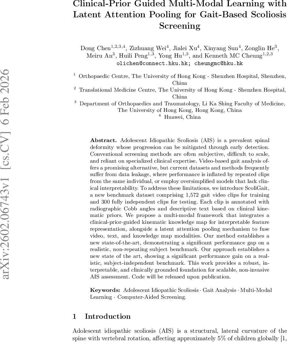 Clinical-Prior Guided Multi-Modal Learning with Latent Attention Pooling for Gait-Based Scoliosis Screening