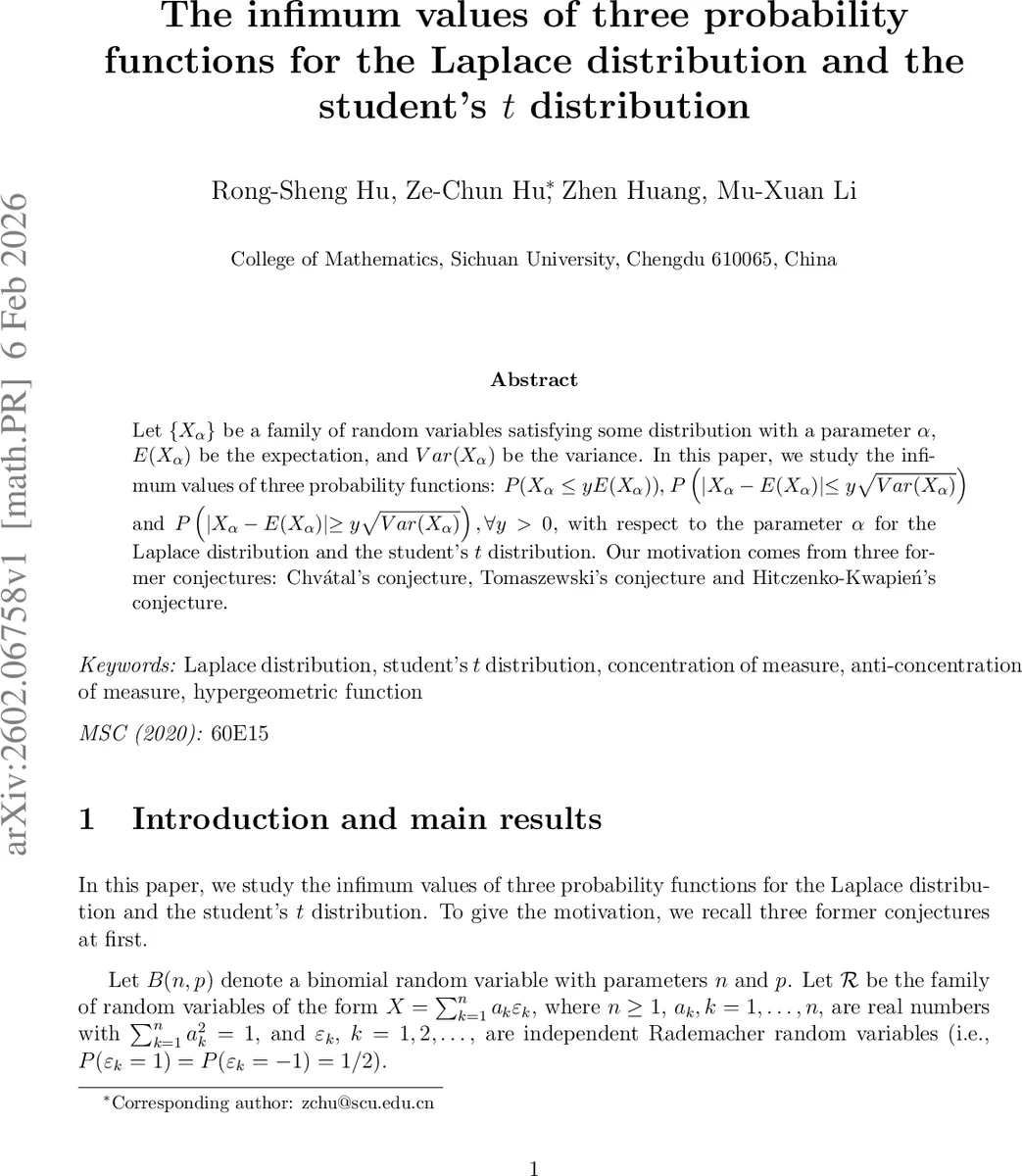 The infimum values of three probability functions for the Laplace distribution and the student's $t$ distribution