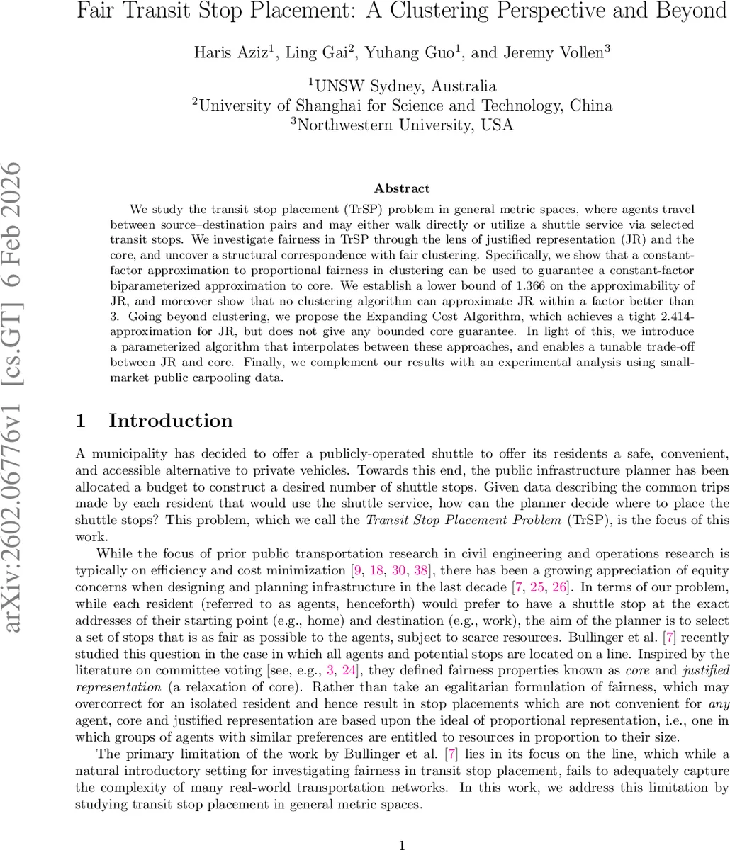 Fair Transit Stop Placement: A Clustering Perspective and Beyond
