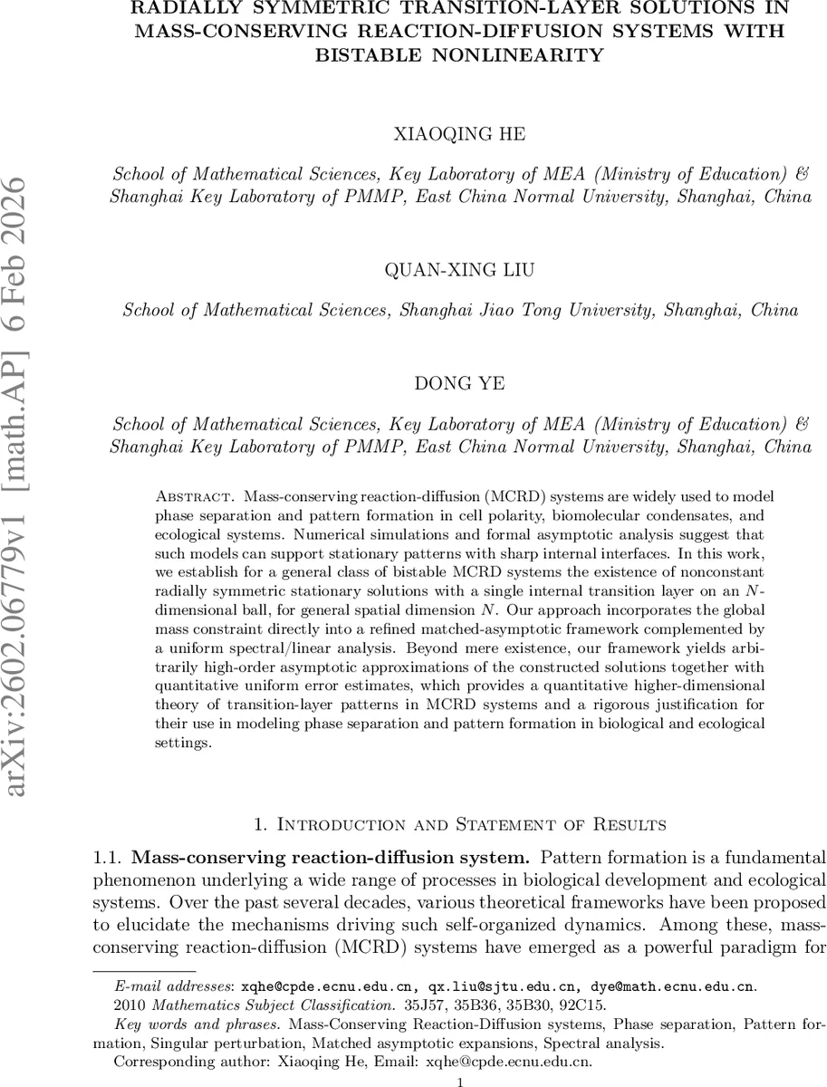 Radially symmetric transition-layer solutions in mass-conserving reaction-diffusion systems with bistable nonlinearity