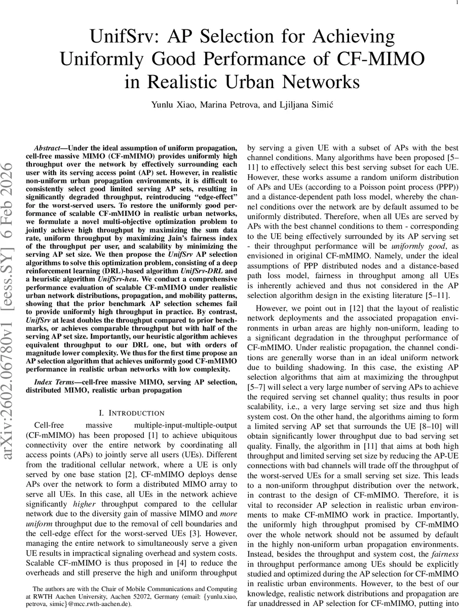 UnifSrv: AP Selection for Achieving Uniformly Good Performance of CF-MIMO in Realistic Urban Networks