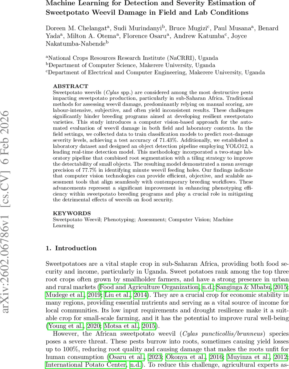 Machine Learning for Detection and Severity Estimation of Sweetpotato Weevil Damage in Field and Lab Conditions