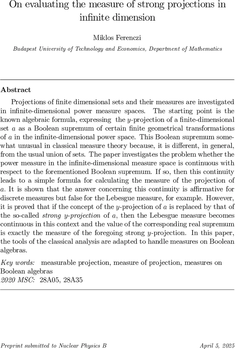 On evaluating the measure of strong projections in infinite dimension