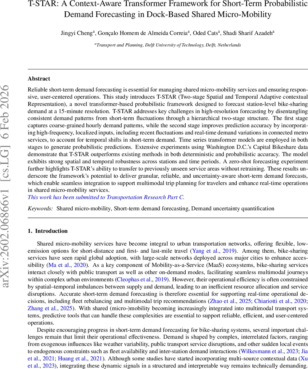 T-STAR: A Context-Aware Transformer Framework for Short-Term Probabilistic Demand Forecasting in Dock-Based Shared Micro-Mobility