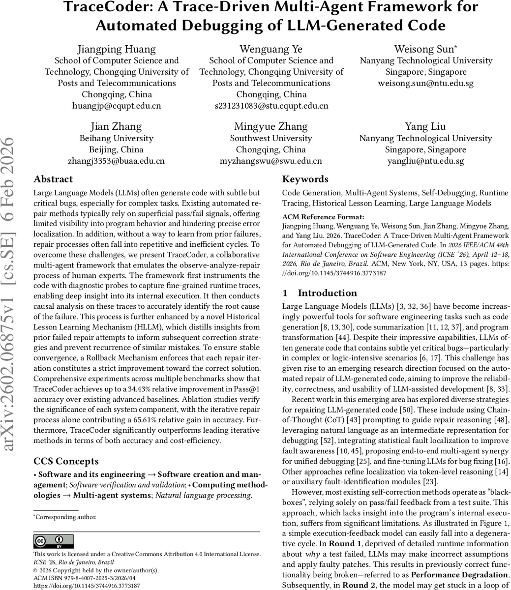 TraceCoder: A Trace-Driven Multi-Agent Framework for Automated Debugging of LLM-Generated Code