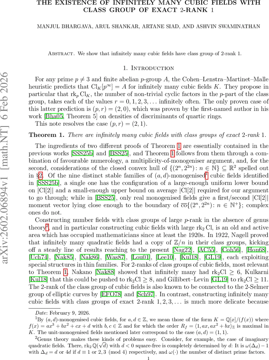 The existence of infinitely many cubic fields with class group of exact 2-rank 1