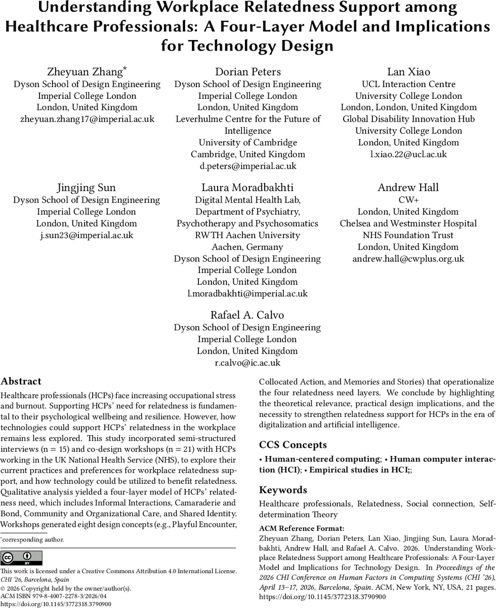 Understanding Workplace Relatedness Support among Healthcare Professionals: A Four-Layer Model and Implications for Technology Design
