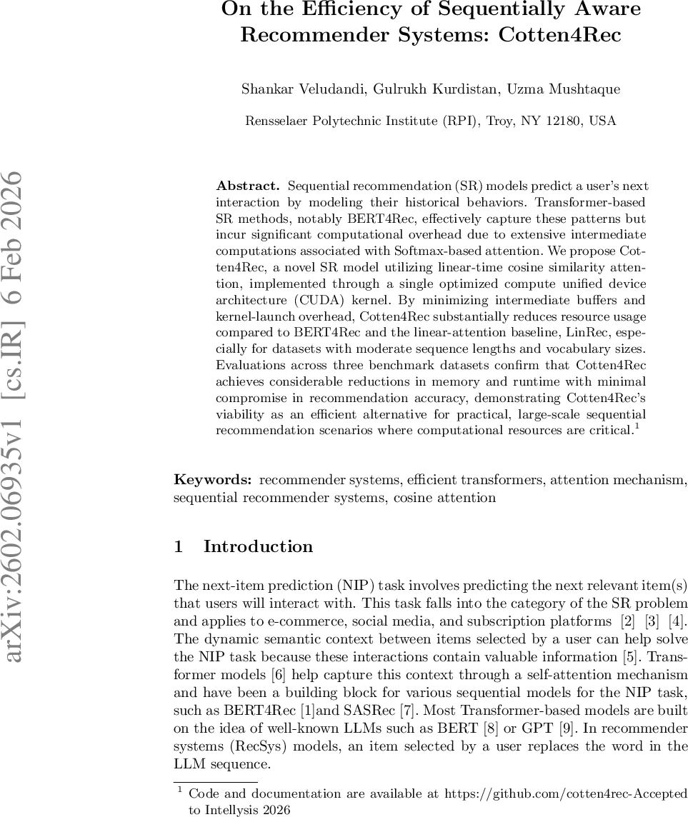 On the Efficiency of Sequentially Aware Recommender Systems: Cotten4Rec