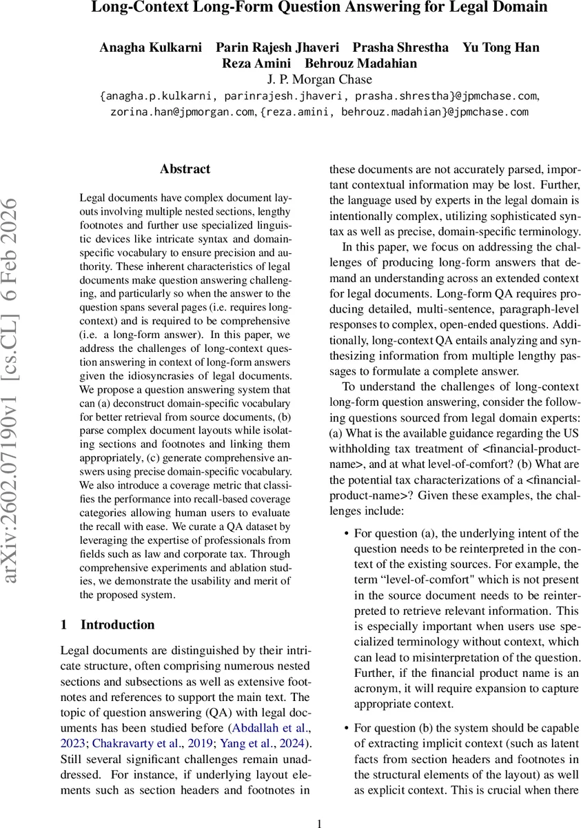 Long-Context Long-Form Question Answering for Legal Domain