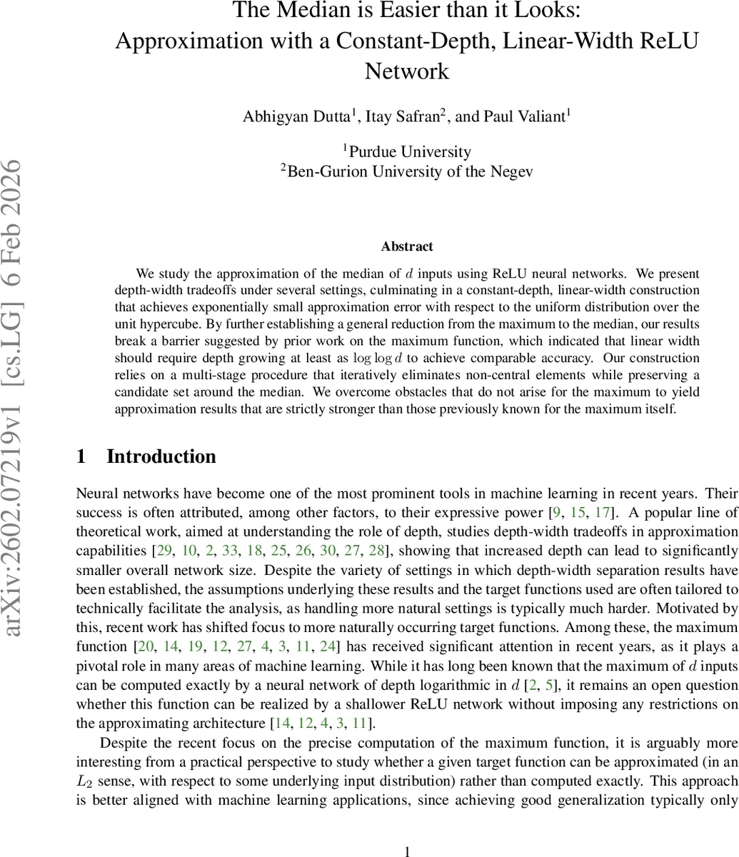 The Median is Easier than it Looks: Approximation with a Constant-Depth, Linear-Width ReLU Network