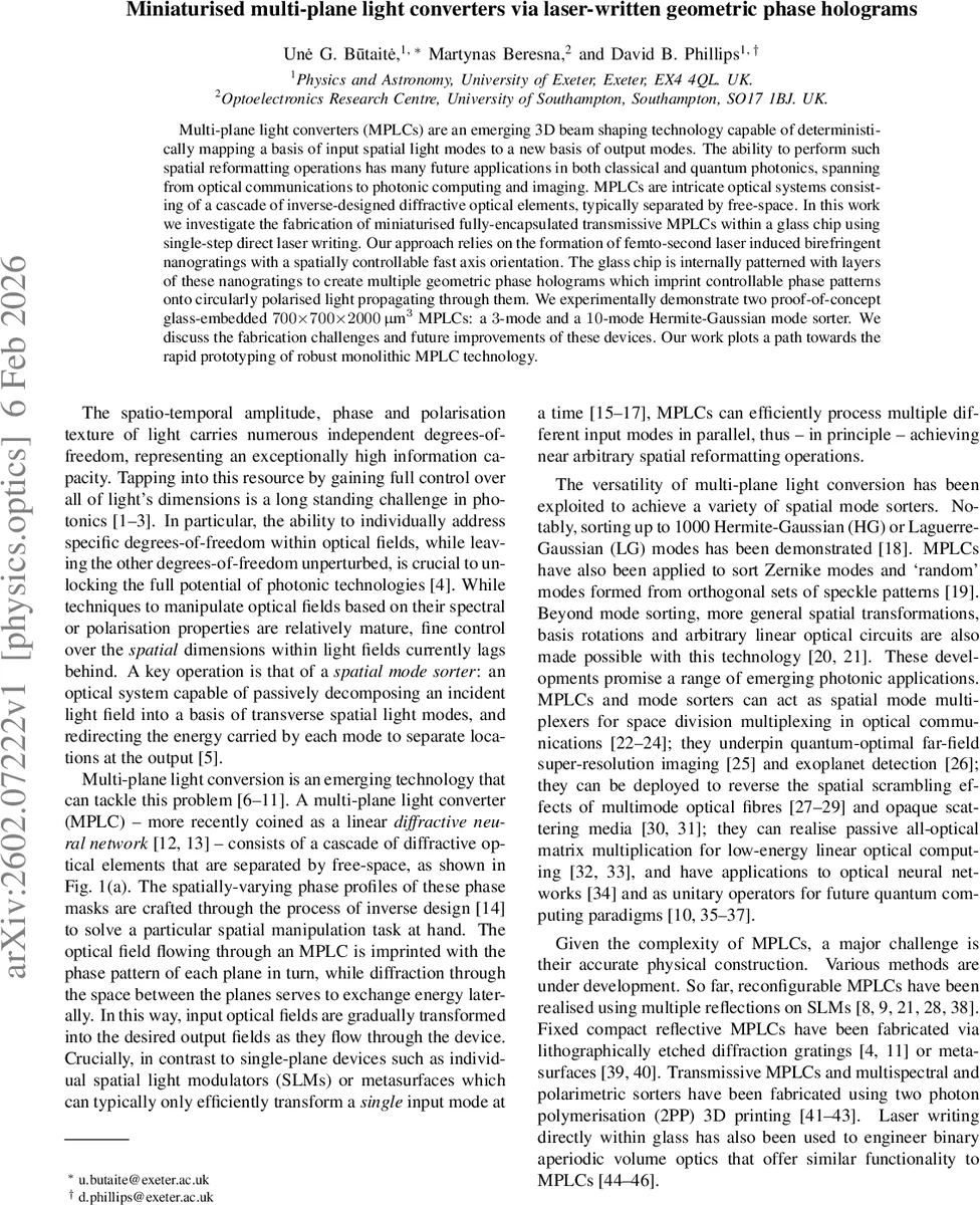 Miniaturised multi-plane light converters via laser-written geometric phase holograms