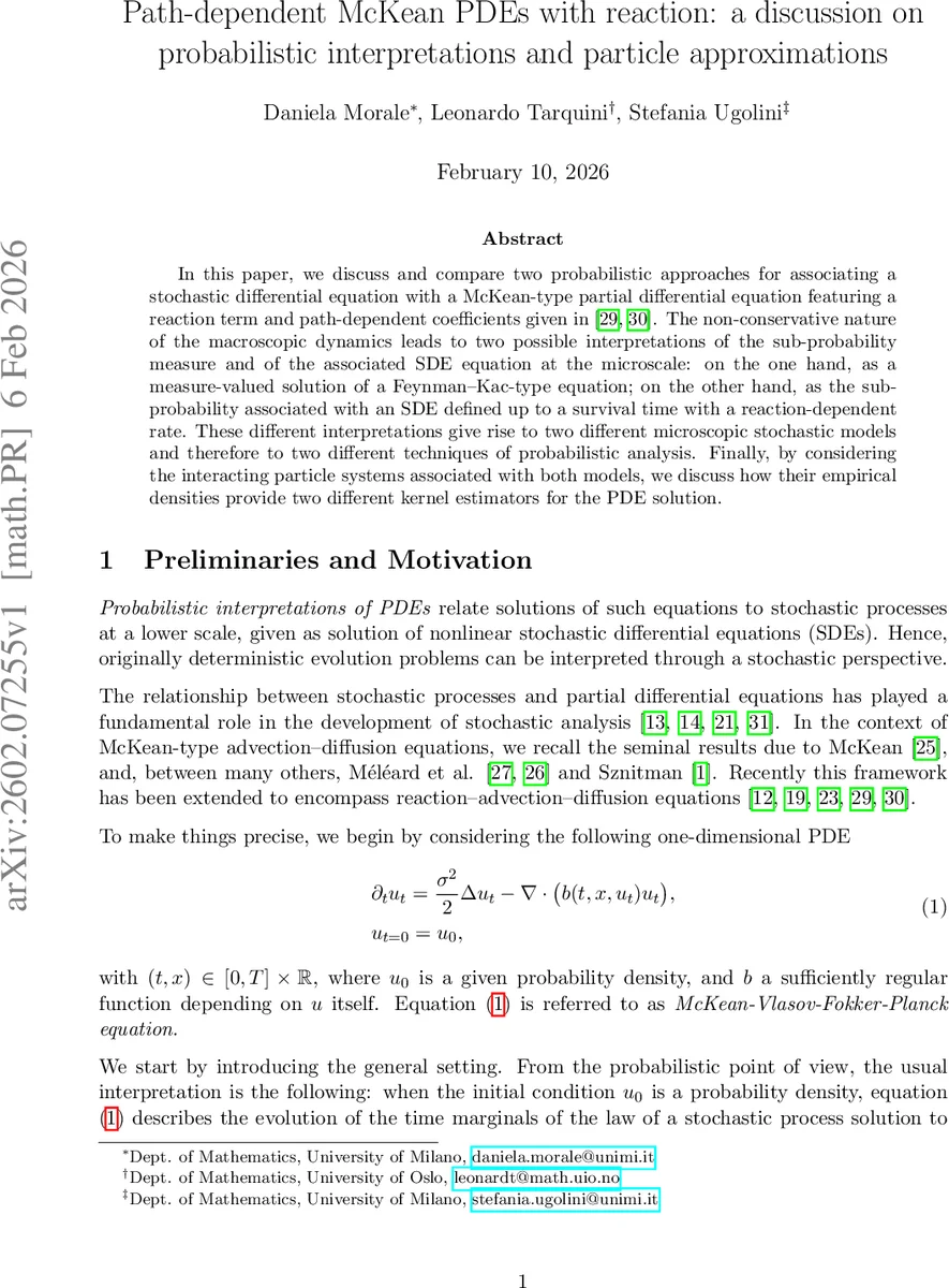Path-dependent McKean PDEs with reaction: a discussion on probabilistic interpretations and particle approximations