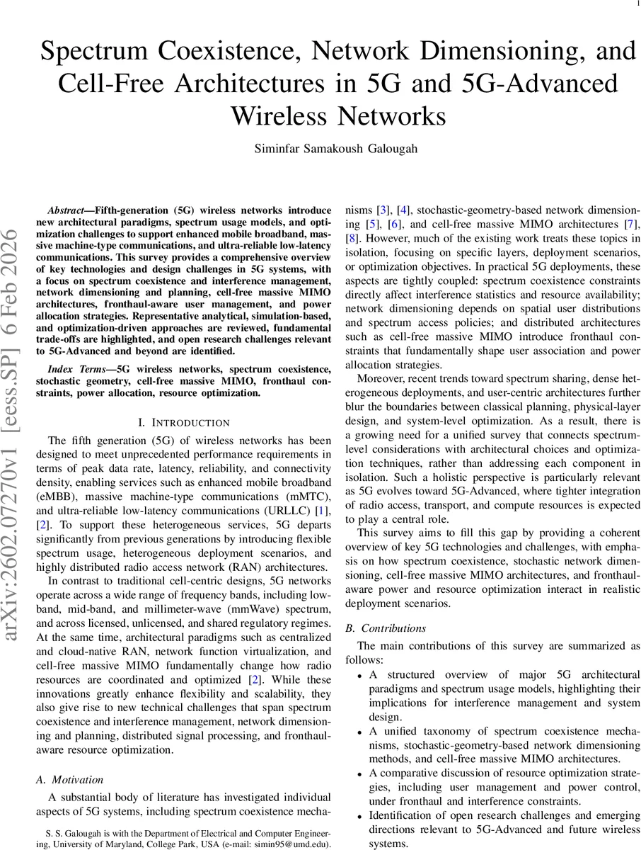 Spectrum Coexistence, Network Dimensioning, and Cell-Free Architectures in 5G and 5G-Advanced Wireless Networks