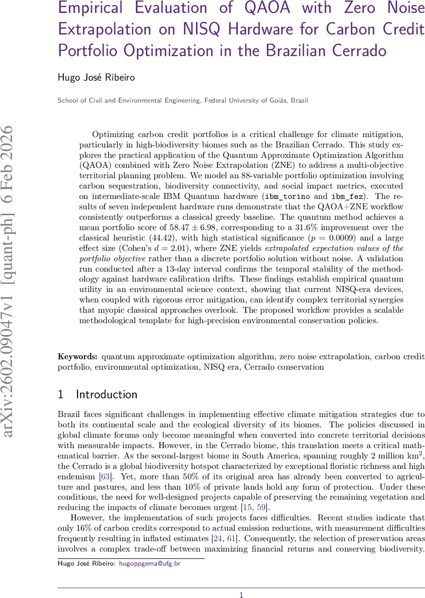 Empirical Evaluation of QAOA with Zero Noise Extrapolation on NISQ Hardware for Carbon Credit Portfolio Optimization in the Brazilian Cerrado