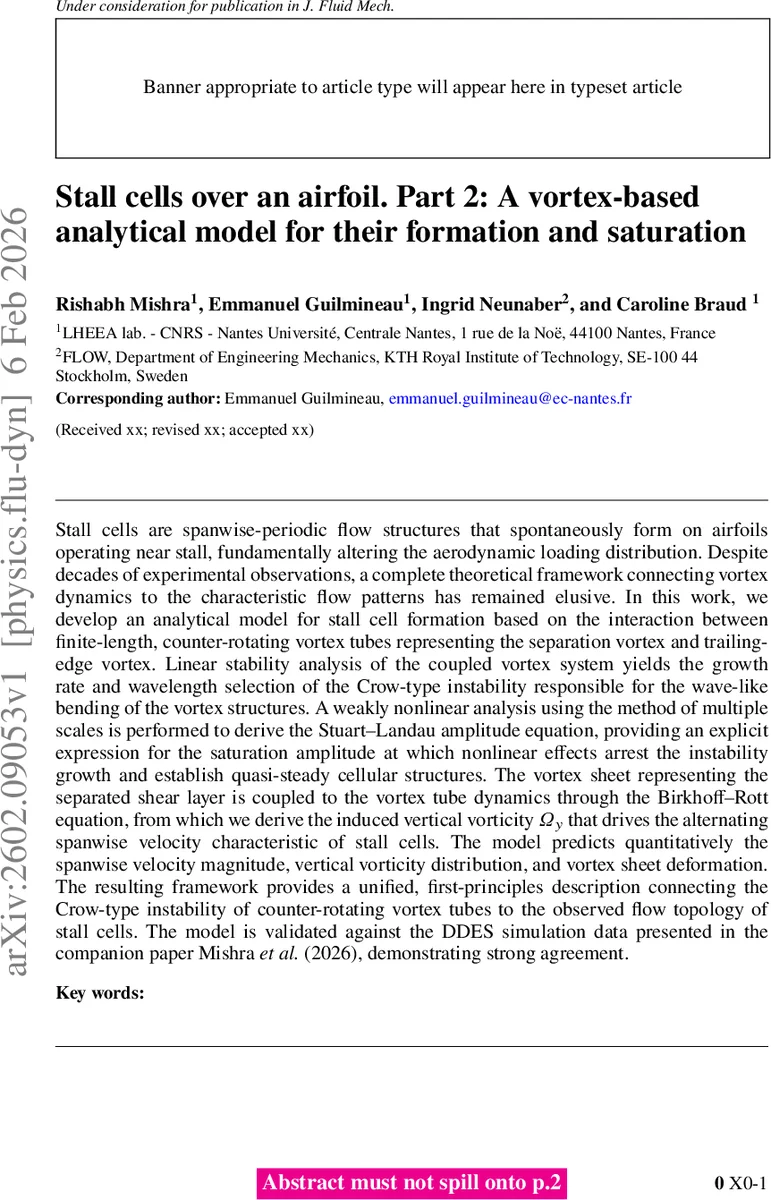 Stall cells over an airfoil. Part 2: A vortex-based analytical model for their formation and saturation